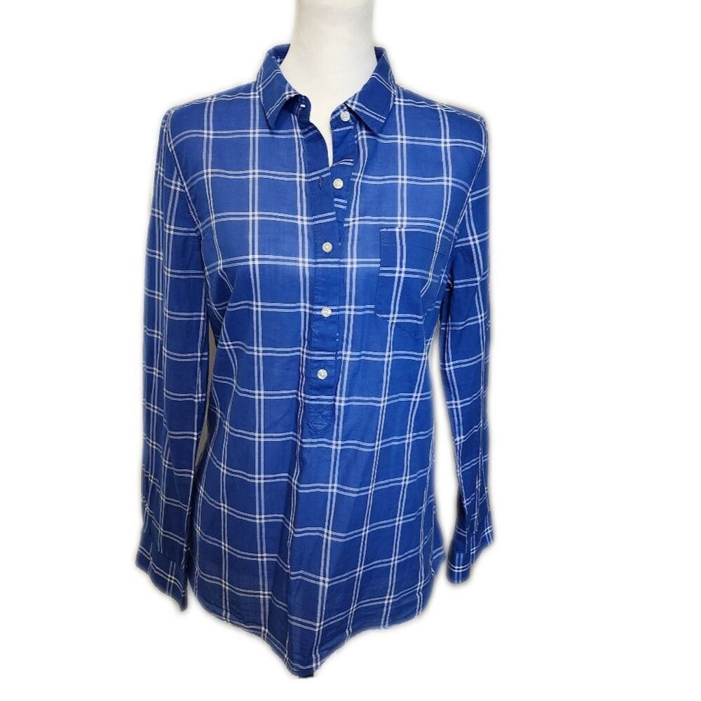 5/$55 Old Navy blue windowpane plaid 100% cotton blouse, size M